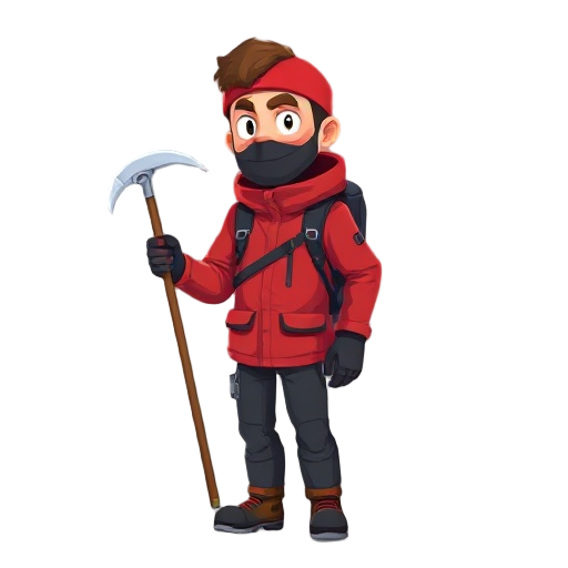 an adult climber in a red jacket and mask is holding an ice axe, standing sideways to the camera and looking to the right