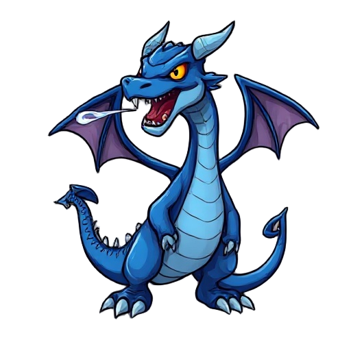 um dragao demonico espiritual serpente azul amedrontador de 3 caudas pontudas, sem pernas, respirando chamas e preparando-se para combate