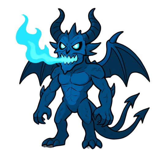 sequencia de 4 imagens de um dragao demonico espiritual azul amedrontador de 3 caudas pontudas respirando e preparando-se para combate