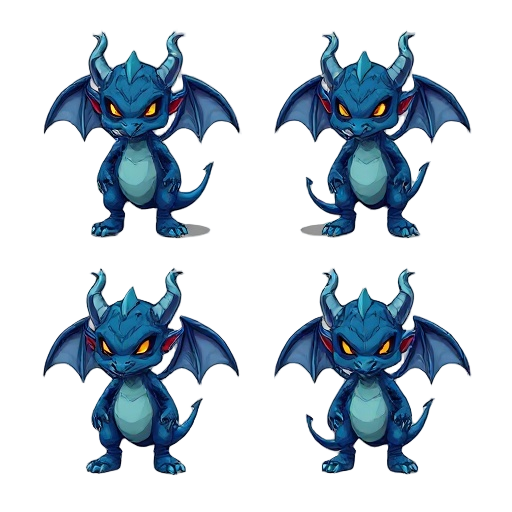 sequencia de 4 imagens de um dragao demonico espiritual azul de 3 caudas pontudas respirando e preparando-se para combate