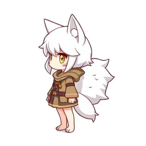 create a clean pixel-art character sprite designed for a 2d side-scroller game.  character: a chibi wolf-girl in side-view profile facing right. she has short white hair, white wolf ears, and a large fluffy white wolf tail. her eyes are golden-yellow with