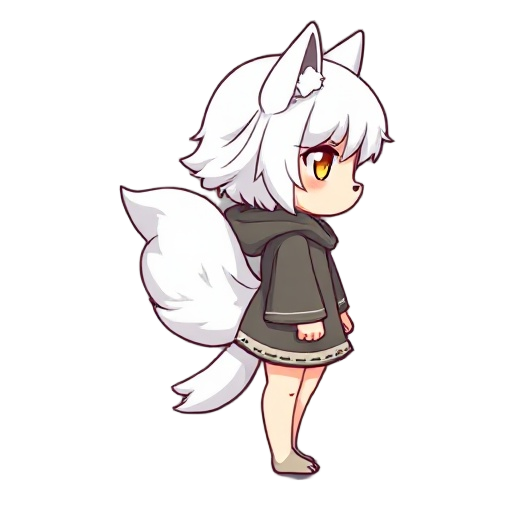 create a clean pixel-art character sprite designed for a 2d side-scroller game.  character: a chibi wolf-girl in side-view profile facing right. she has short white hair, white wolf ears, and a large fluffy white wolf tail. her eyes are golden-yellow with