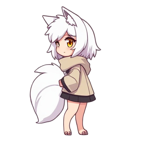 create a clean pixel-art character sprite designed for a 2d side-scroller game.  character: a chibi wolf-girl in side-view profile facing right. she has short white hair, white wolf ears, and a large fluffy white wolf tail. her eyes are golden-yellow with