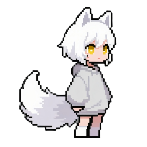 create a clean pixel-art character sprite designed for a 2d side-scroller game.  character: a chibi wolf-girl in side-view profile facing right. she has short white hair, white wolf ears, and a large fluffy white wolf tail. her eyes are golden-yellow with
