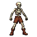 pixel art, 32 bit, a full body human skeleton character , mid-action , wearing brown leather shorts and reddish-brown boots, detailed shading, solid light grey background with faint vertical blue lines on the far left, cl