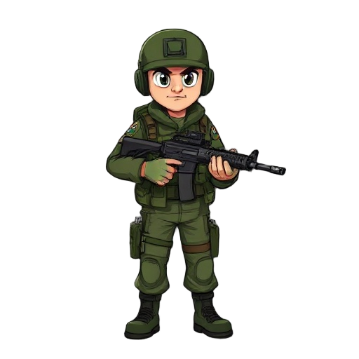 um soldado de uniforme militar de cor verde e capacete segurando uma ak 47 