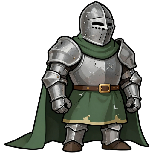 medieval knight, broken iron armor, closed helmet, barely colored green cloth, ripped by age, blasphemous style sprite looking to the side, 