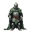 medieval knight, broken iron armor, closed helmet, barely colored green cloth, ripped by age, blasphemous style sprite looking to the side, 