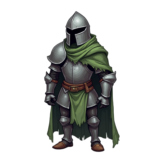 medieval knight, broken iron armor, closed helmet, barely colored green cloth, ripped by age, blasphemous style sprite looking to the side, 