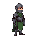 medieval knight, broken iron armor, closed helmet, barely colored green cloth, ripped by age, blasphemous style sprite looking to the side, 
