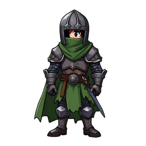 medieval knight, broken iron armor, closed helmet, barely colored green cloth, ripped by age, blasphemous style sprite looking to the side, 