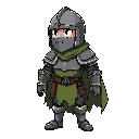 medieval knight, broken iron armor, closed helmet, barely colored green cloth, ripped by age, blasphemous style sprite looking to the side, 