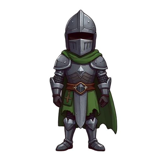 medieval knight, broken iron armor, closed helmet, barely colored green cloth, ripped by age, 