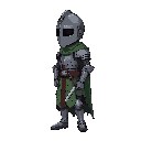 medieval knight, broken iron armor, closed helmet, barely colored green cloth, ripped by age, blasphemous or hollow knight style sprite looking to the side