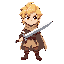 stylized 2d character, a blond-haired warrior, medium-length slightly messy hair, determined eyes, holding a detailed steel sword. wearing fantasy/adventure clothing with a light cape, simple leather armor with metal accents. 2d game art style, clean line