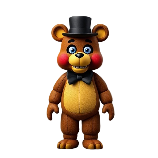 animatronic bear brown/yellow. black top hat, black butterfly tie. blue eyes. inspired by freddie from fnaf. standing in the center, hands by the sides. 