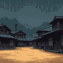 background for fighting game. a village with some houses, rainy weather or like stormy weather kind of dark. some houses with doors, as in an old japanese village. maybe sandy floor 