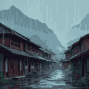 background for fighting game. a village with some houses, rainy weather or like stormy weather. some houses with doors, maybe chinese characters as in chinese village. 