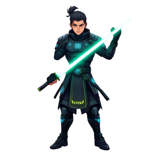 a heroic male character wielding a glowing cyber katana, wearing a hybrid outfit combining traditional kendō armor and futuristic cyberpunk enhancements. sleek black kendō chest armor with neon blue circuits, armored gauntlets with holographic kanji symbo