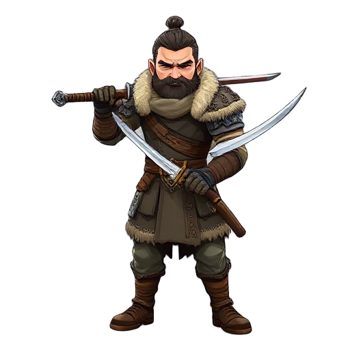 *a highly detailed professional character design of a nordic warrior hero wielding an elegant katana. rugged, cold-resistant viking aesthetics merged with refined swordsmanship. fur-lined heavy mantle, layered leather armor engraved with ancient norse run
