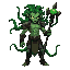 a powerful male medusa warrior, humanoid with living green snake hair, sharp glowing eyes, muscular body, mystical ancient armor with stone-like patterns, holding a long serpent staff with a glowing emerald core, snakes wrapping around the staff, dark fan