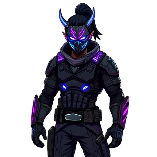 a highly detailed cyberpunk warrior with black tied-back hair, wearing a futuristic oni mask with glowing neon lines. sleek tactical cyberpunk armor, reinforced chest plate, glowing blue and purple led circuits, mechanical gauntlets, utility belt with tec