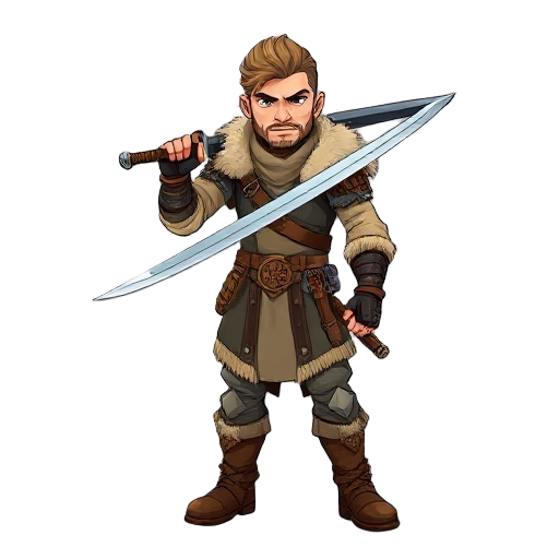 a nordic warrior hero wielding a sleek katana infused with ancient runes. outfit combines viking/norse aesthetics with warrior elegance: fur-lined shoulder cloak, leather armor engraved with norse runes, iron bracers, thick wool tunic, leather belts with 