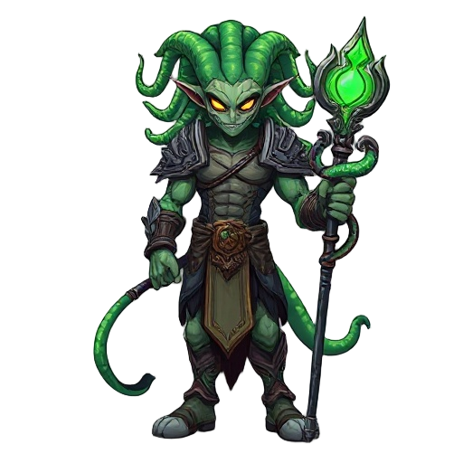 a powerful male medusa warrior, humanoid with living green snake hair, sharp glowing eyes, muscular body, mystical ancient armor with stone-like patterns, holding a long serpent staff with a glowing emerald core, snakes wrapping around the staff, dark fan