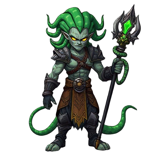 a powerful male medusa warrior, humanoid with living green snake hair, sharp glowing eyes, muscular body, mystical ancient armor with stone-like patterns, holding a long serpent staff with a glowing emerald core, snakes wrapping around the staff, dark fan