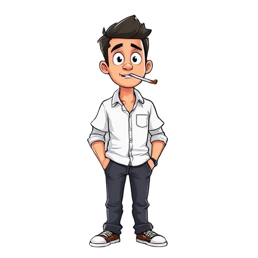 white shirt guy with a cigarette on mouth