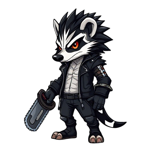 character, cartoon, 2d, flat colors, anthropomorphic badger hairy metalhead, corpsepaint, with spiny black leather jacket like, with chainsaw in one of hand, colors of characters: black, white and steelness metals.