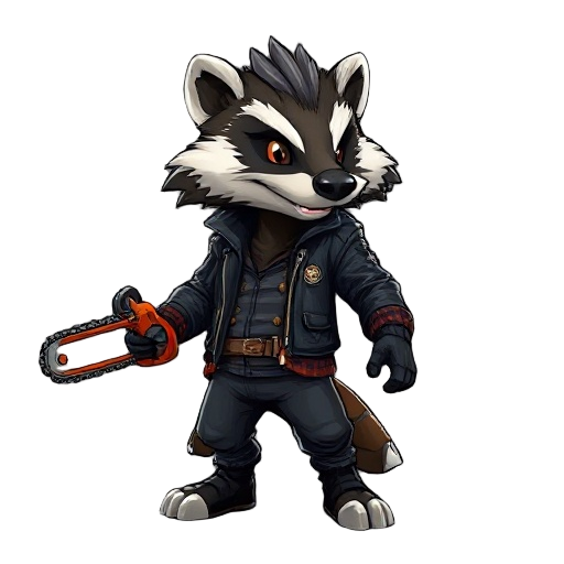 character, anthropomorphic badger metalhead, with spiny black leather jacket like, with chainsaw in one of hand.