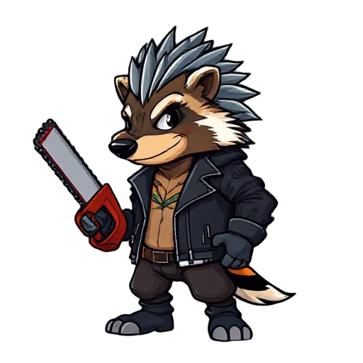 character, cartoon, 2d, flat colors, anthropomorphic badger hairy metalhead, with spiny black leather jacket like, with chainsaw in one of hand.
