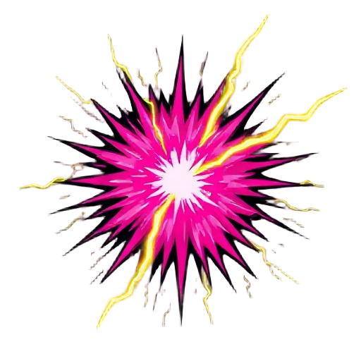 spider-punk electric explosion (short version) core look  bright magenta starburst center (#ff00ff → #c800ff), super jagged asymmetrical rays. thick lemon-yellow lightning (#ffff00–#ffee00) shooting out radially. lightning is "newspaper lightning": yellow