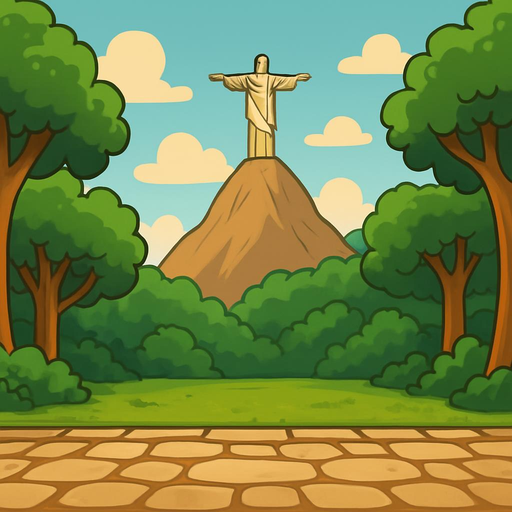 faça um cenário com muitas árvores, mas atrás tem uma montanha aonde o cristo redentor vai estar lá, e um chão de pedra em baixo