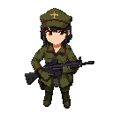 female soldier, dark hair, red eyes, military cap with cross, olive green uniform with red trim and cross insignia, holding an assault rifle, simple background for top-down game. style similar to metal slug