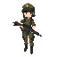 female soldier, dark hair, red eyes, military cap with cross, olive green uniform with red trim and cross insignia, holding an assault rifle, simple background for top-down game. style similar to metal slug