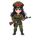 female soldier, dark hair, red eyes, military cap with cross, olive green uniform with red trim and cross insignia, holding an assault rifle, simple background for top-down game. style similar to metal slug