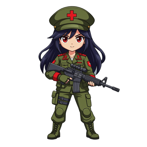 female soldier, dark hair, red eyes, military cap with cross, olive green uniform with red trim and cross insignia, holding an assault rifle, simple background for top-down game. style similar to metal slug