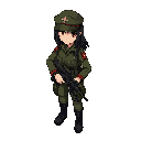 female soldier, dark hair, red eyes, military cap with cross, olive green uniform with red trim and cross insignia, holding an assault rifle, simple background for top-down game. style similar to metal slug