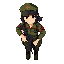 female soldier, dark hair, red eyes, military cap with cross, olive green uniform with red trim and cross insignia, holding an assault rifle, simple background for top-down game. style similar to metal slug