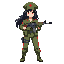 female soldier, dark hair, red eyes, military cap with cross, olive green uniform with red trim and cross insignia, holding an assault rifle, simple background for top-down game. style similar to metal slug