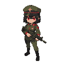 female soldier, dark hair, red eyes, military cap with cross, olive green uniform with red trim and cross insignia, holding an assault rifle, simple background for top-down game. style similar to metal slug