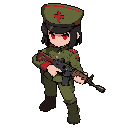 female soldier, dark hair, red eyes, military cap with cross, olive green uniform with red trim and cross insignia, holding an assault rifle, simple background for top-down game. style similar to metal slug
