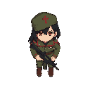low top down, female soldier, dark hair, red eyes, military cap with cross, olive green uniform with red trim and cross insignia, holding an assault rifle, simple background for top-down game. style similar to metal slug