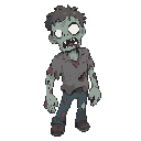 "male zombie, pale gray-green skin, blank white eyes, torn civilian clothes, exposed teeth and bruises, messy hair, visible bite marks and scratches, slightly hunched posture, simple background for top-down game. style similar to metal slug.