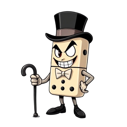 anthropomorphic domino character, 1930s rubber hose style. wearing a black top hat, white bowtie, and holding a cane. confident, sinister grin with pie-cut eyes. vintage monochrome/sepia palette, transparent background