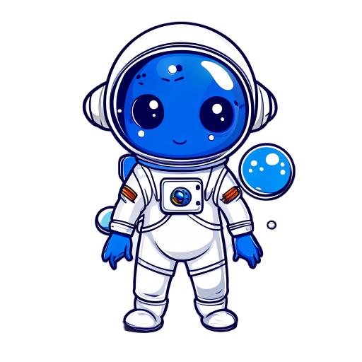 cute round head bleu skined astronaut with white space suit on, round bubble cask. 2 pairs of arms, three fingers hands, and 2 short legs. posesfor head, round blue skinned with dots marks and 2 bigs round marble like eyes. walking from left to right and 