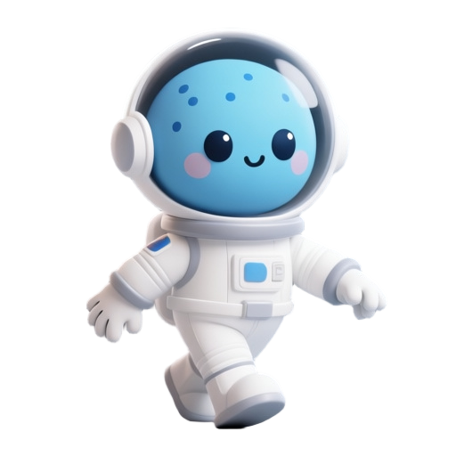 cute round head bleu skined astronaut with white space suit on, round bubble cask. 2 pairs of arms, three fingers hands, and 2 short legs. posesfor head, round blue skinned with dots marks and 2 bigs round marble like eyes. walking from left to right and 