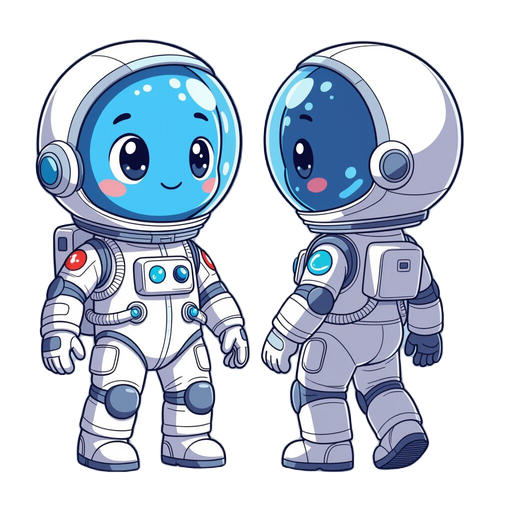 cute round head bleu skined astronaut with white space suit on, round bubble cask. 2 pairs of arms, three fingers hands, and 2 short legs. posesfor head, round blue skinned with dots marks and 2 bigs round marble like eyes. walking from left to right and 